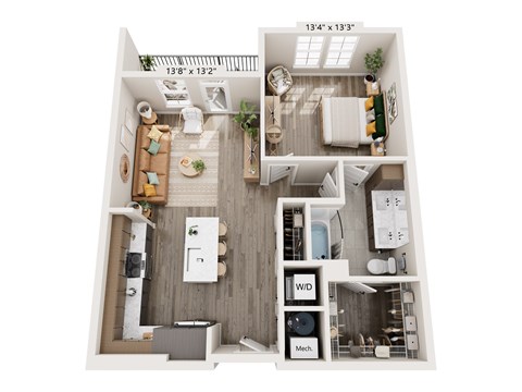 Floor plan for 1 bed, 1 bath, 824 sqft